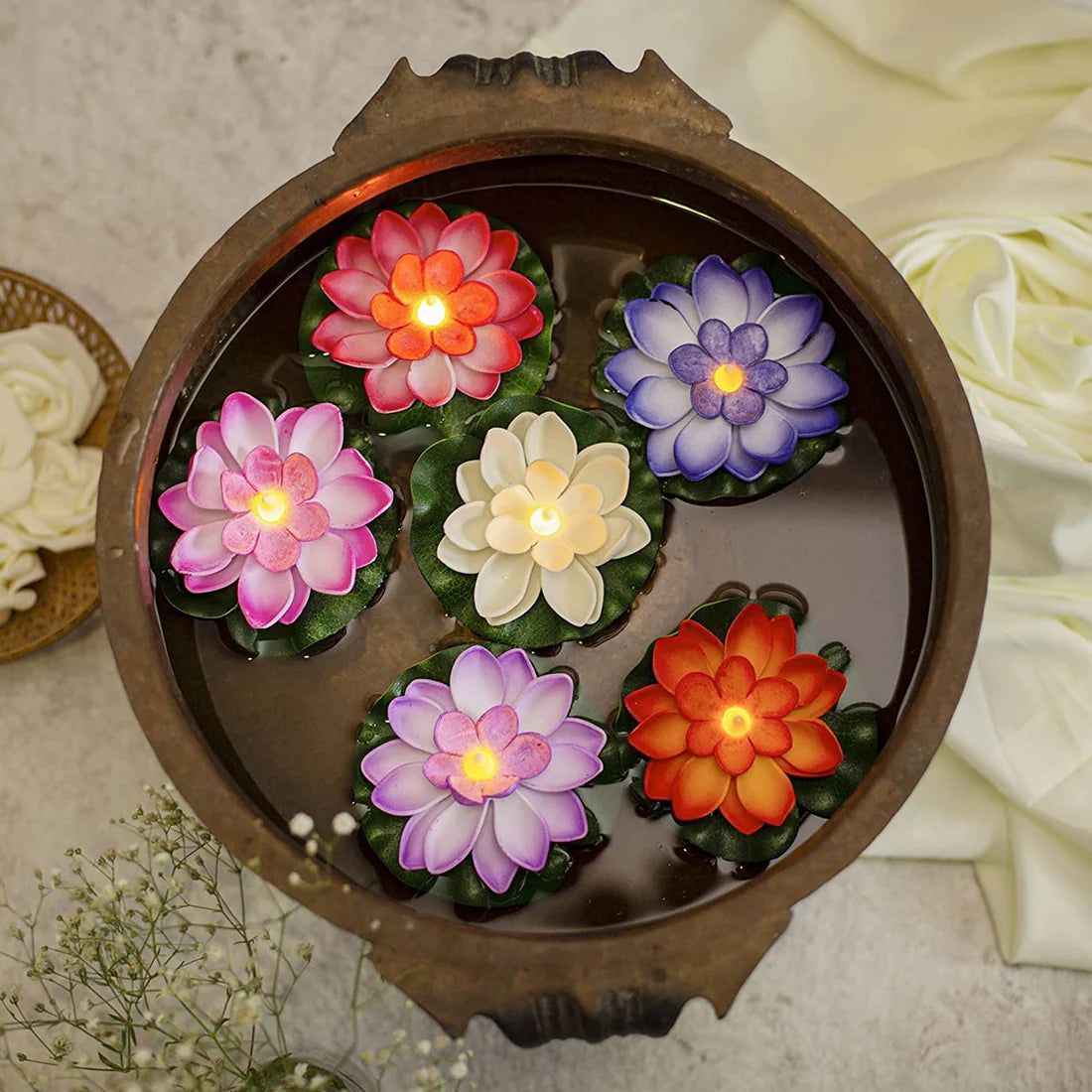 Water Floating Smokeless Candles & Lotus Flowers